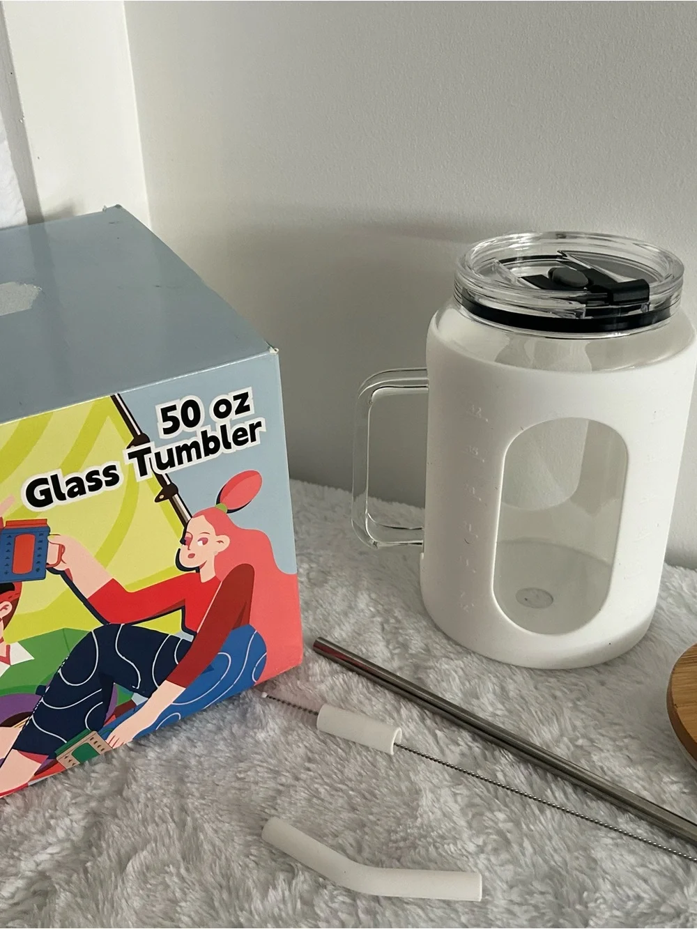 50 oz White Glass Tumbler with Silicone Sleeve, Handle and Lid